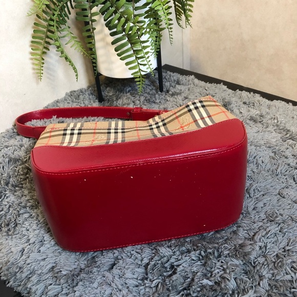 BURBERRY Vintage Red Leather Trim Haymarket Shoulder Bag Adjustable Strap - Picture 11 of 17